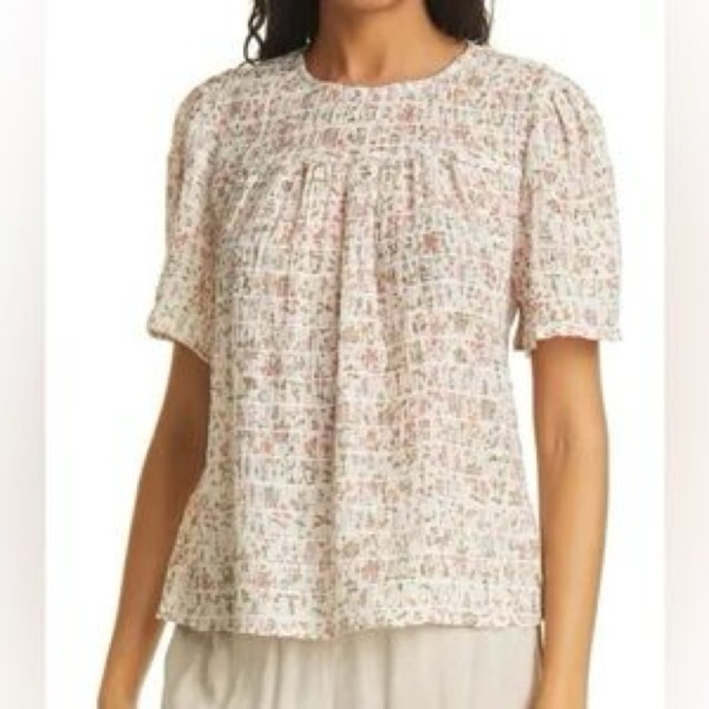Rails Floral Smocked Short Sleeve Blouse in Cream and Pink